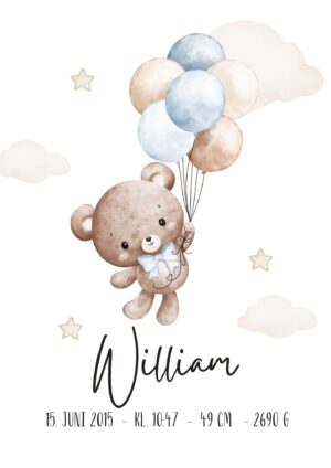 Fødselstavle Bamse lyseblå balloner