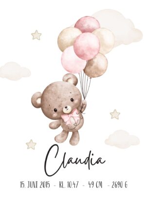 Fødselstavle Bamse lyserøde balloner