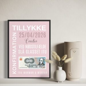Personlig plakat inkl. ramme til pengegave/lyserød
