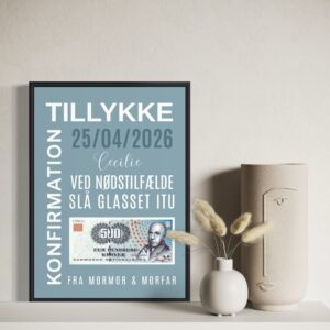 Personlig plakat inkl. ramme til pengegave/lyseblå