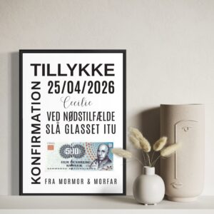 Personlig plakat inkl. ramme til pengegave/hvid
